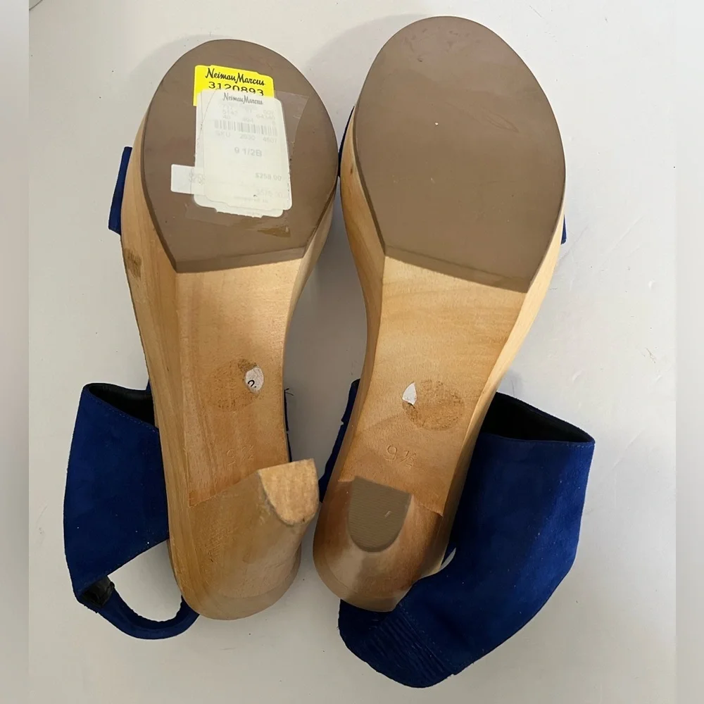 *FLAW* loeffler randall wooden heels sandals in blue suede, size 9.5B - Picture 5 of 9
